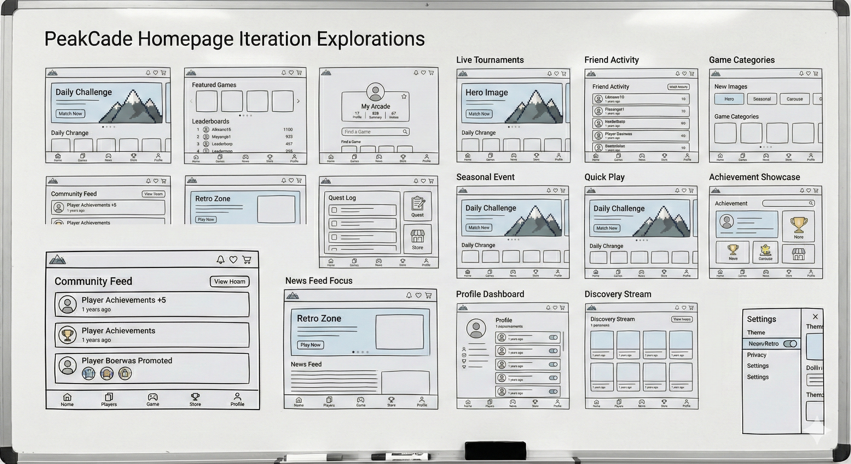 Homepage iteration explorations on whiteboard